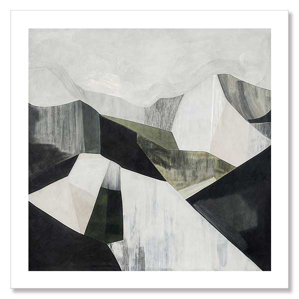 Abstract geometric landscape artwork featuring minimalist forms in muted greens, greys, and monochrome contrasts.