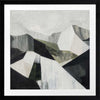 Abstract geometric landscape artwork featuring minimalist forms in muted greens, greys, and monochrome contrasts.