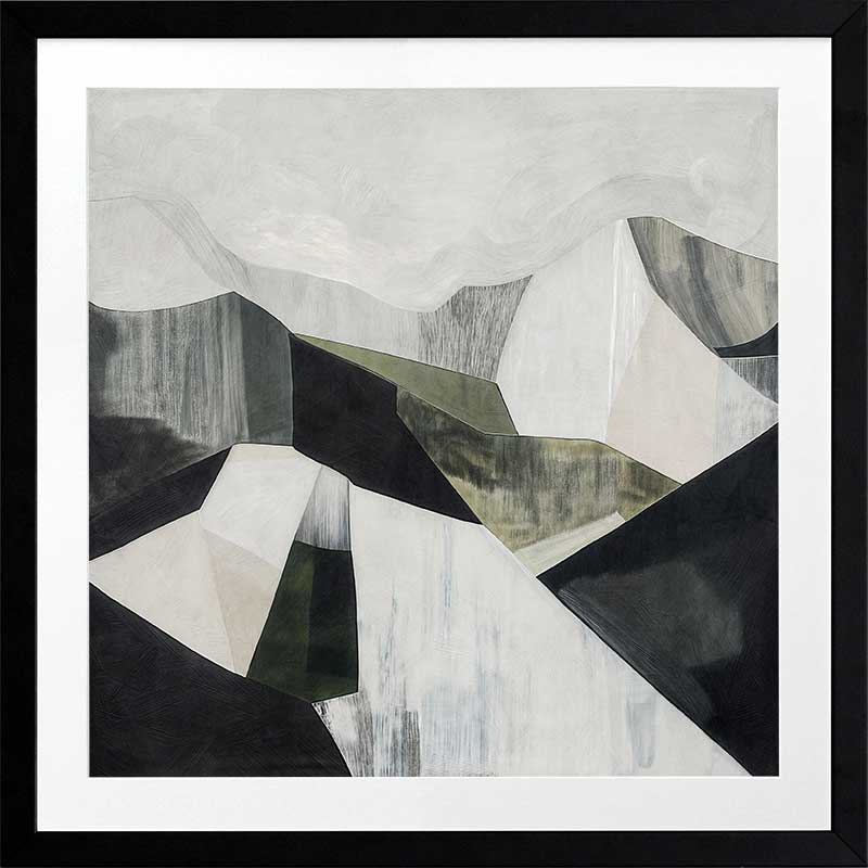 Abstract geometric landscape artwork featuring minimalist forms in muted greens, greys, and monochrome contrasts.