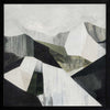 Abstract geometric landscape artwork featuring minimalist forms in muted greens, greys, and monochrome contrasts.