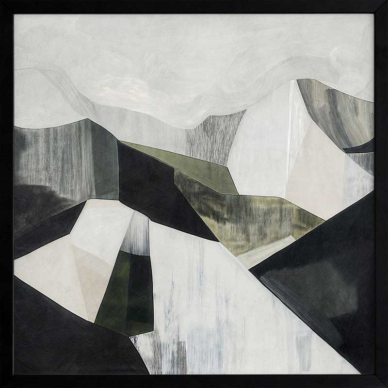 Abstract geometric landscape artwork featuring minimalist forms in muted greens, greys, and monochrome contrasts.
