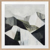 Abstract geometric landscape artwork featuring minimalist forms in muted greens, greys, and monochrome contrasts.