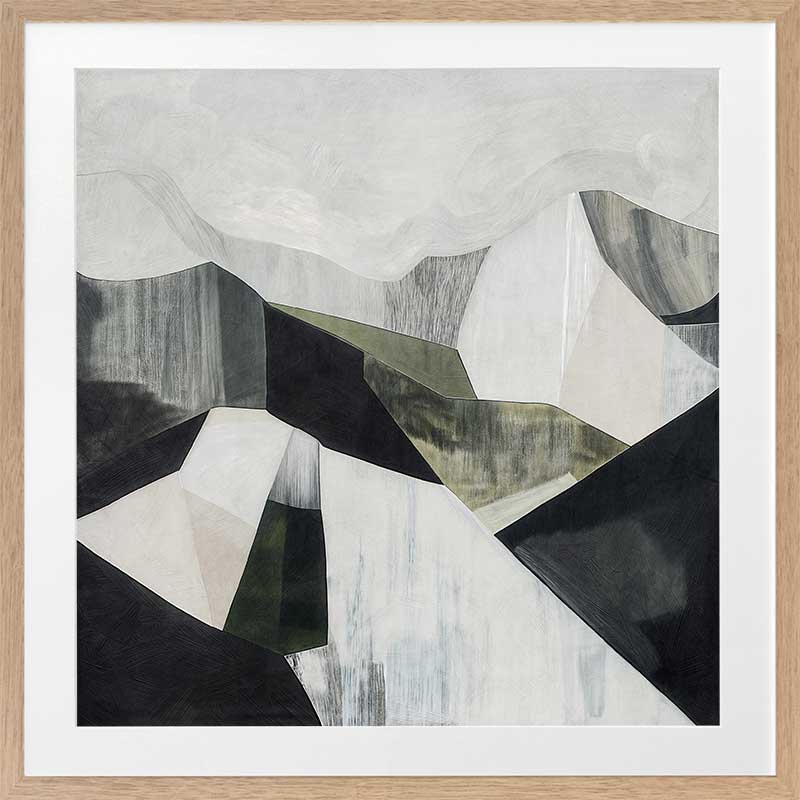 Abstract geometric landscape artwork featuring minimalist forms in muted greens, greys, and monochrome contrasts.