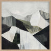Abstract geometric landscape artwork featuring minimalist forms in muted greens, greys, and monochrome contrasts.