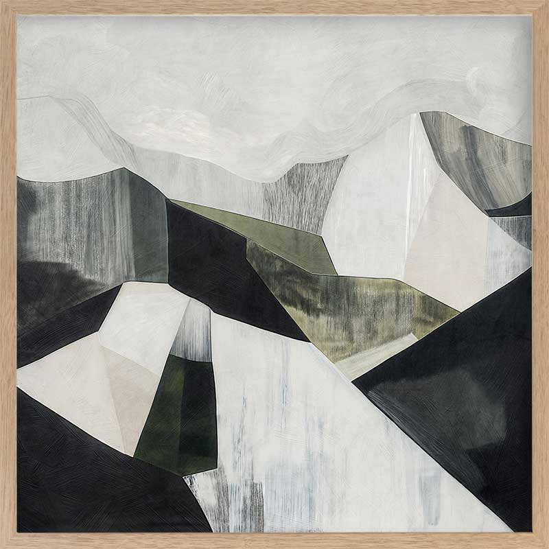 Abstract geometric landscape artwork featuring minimalist forms in muted greens, greys, and monochrome contrasts.