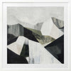 Abstract geometric landscape artwork featuring minimalist forms in muted greens, greys, and monochrome contrasts.