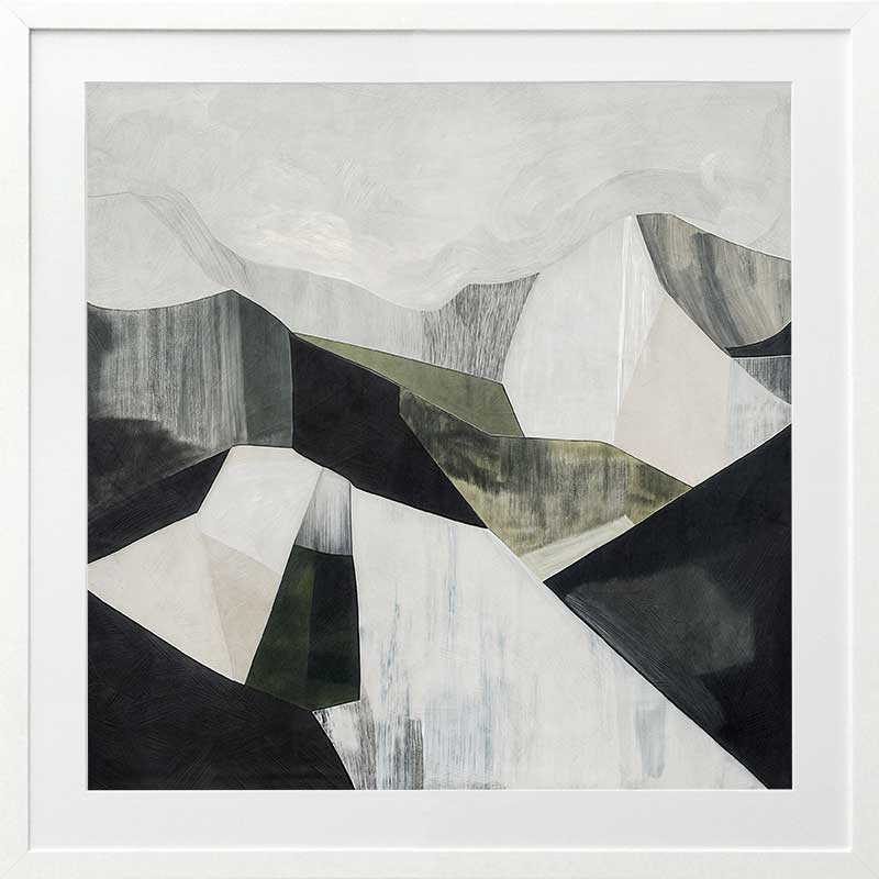 Abstract geometric landscape artwork featuring minimalist forms in muted greens, greys, and monochrome contrasts.