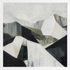 Abstract geometric landscape artwork featuring minimalist forms in muted greens, greys, and monochrome contrasts.