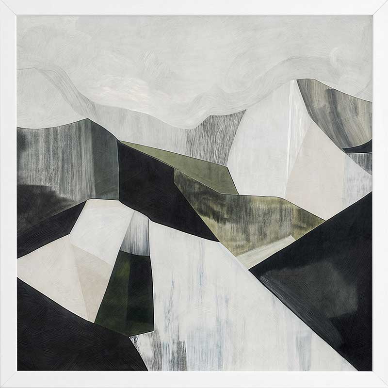Abstract geometric landscape artwork featuring minimalist forms in muted greens, greys, and monochrome contrasts.