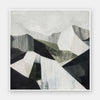 Abstract geometric landscape artwork featuring minimalist forms in muted greens, greys, and monochrome contrasts.