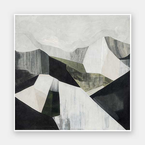 Abstract geometric landscape artwork featuring minimalist forms in muted greens, greys, and monochrome contrasts.