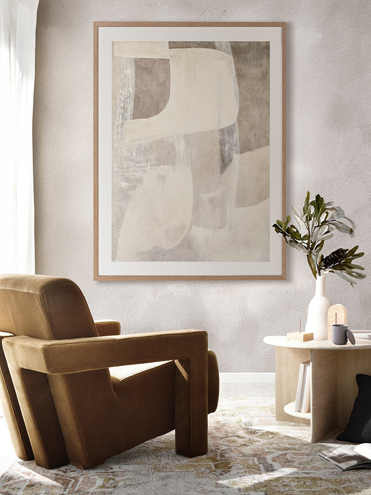 Nostalgic Mood I abstract art print above a white sofa with light walls, white rug, and soft neutral styling.