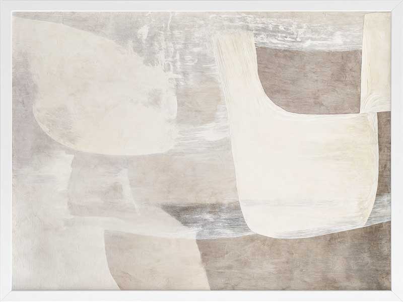 Minimalist abstract wall art featuring beige, ivory, and grey tones with gentle geometric shapes and textures for tranquil interiors.