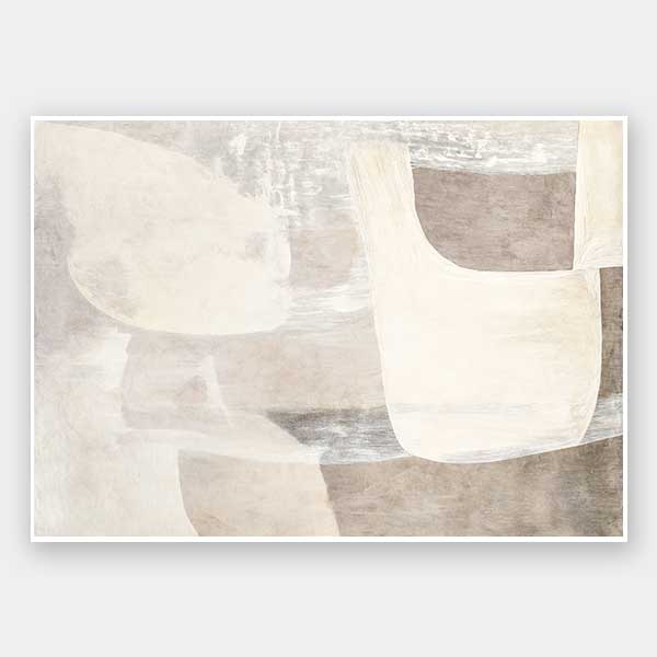 Minimalist abstract wall art featuring beige, ivory, and grey tones with gentle geometric shapes and textures for tranquil interiors.