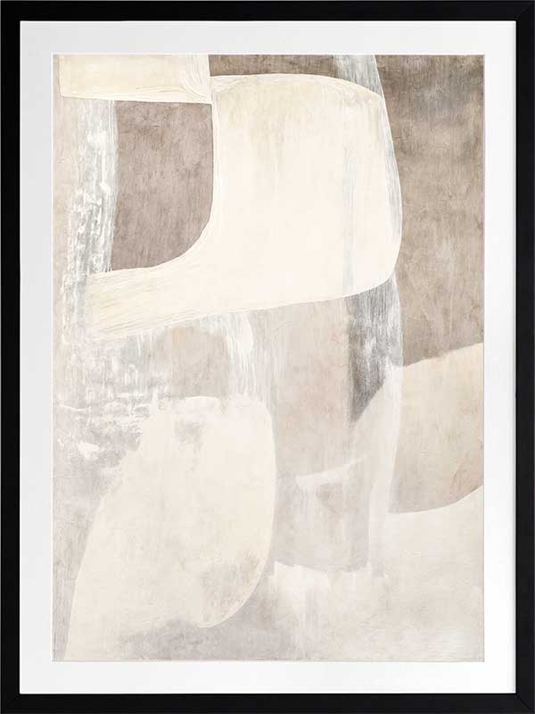 Minimalist abstract wall art featuring beige, ivory, and grey tones with gentle geometric shapes and textures for tranquil interiors.