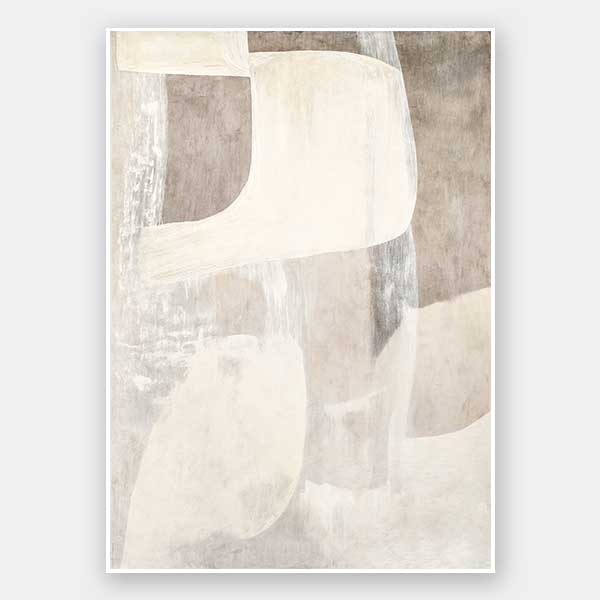 Minimalist abstract wall art featuring beige, ivory, and grey tones with gentle geometric shapes and textures for tranquil interiors.