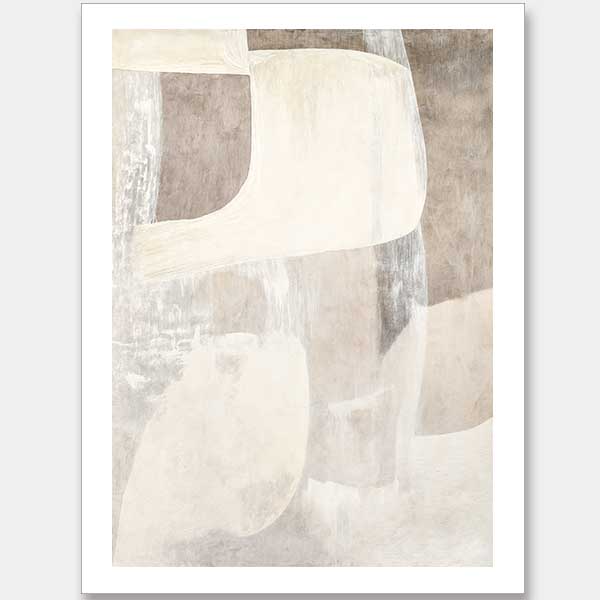 Minimalist abstract wall art featuring beige, ivory, and grey tones with gentle geometric shapes and textures for tranquil interiors.