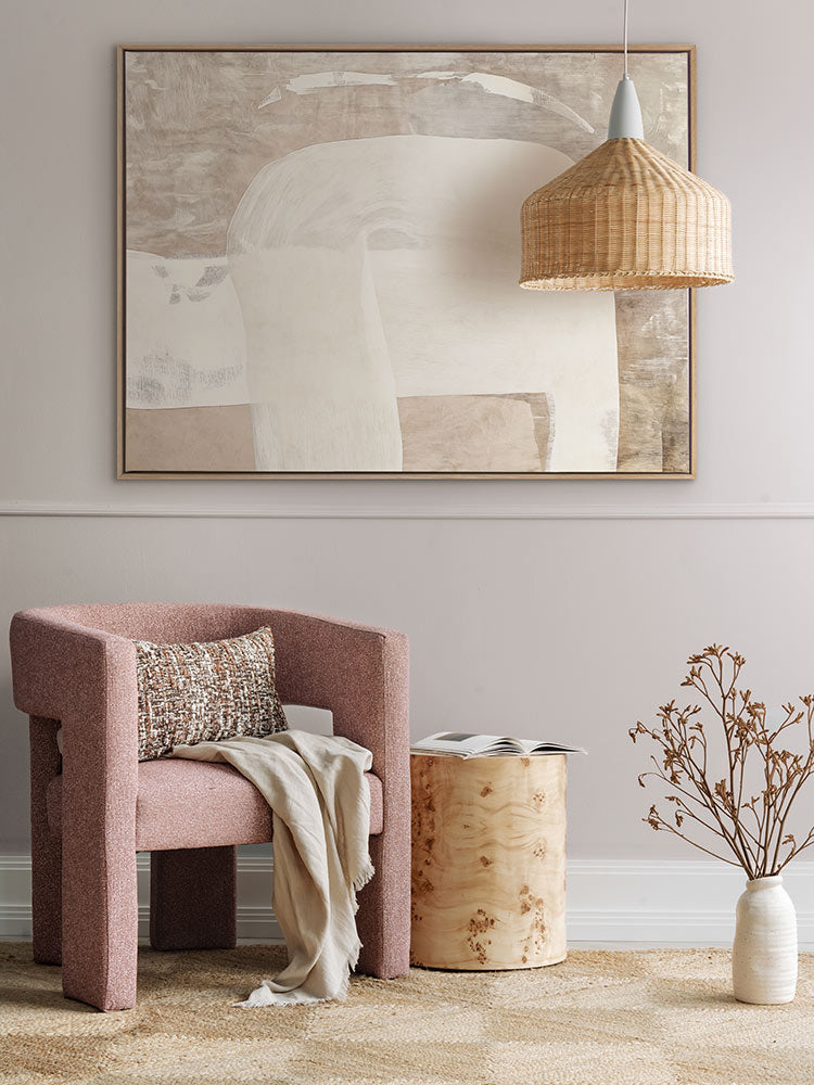 Nostalgic Mood II abstract wall art styled with a dusty rose armchair, neutral pendant light, and wood side table.