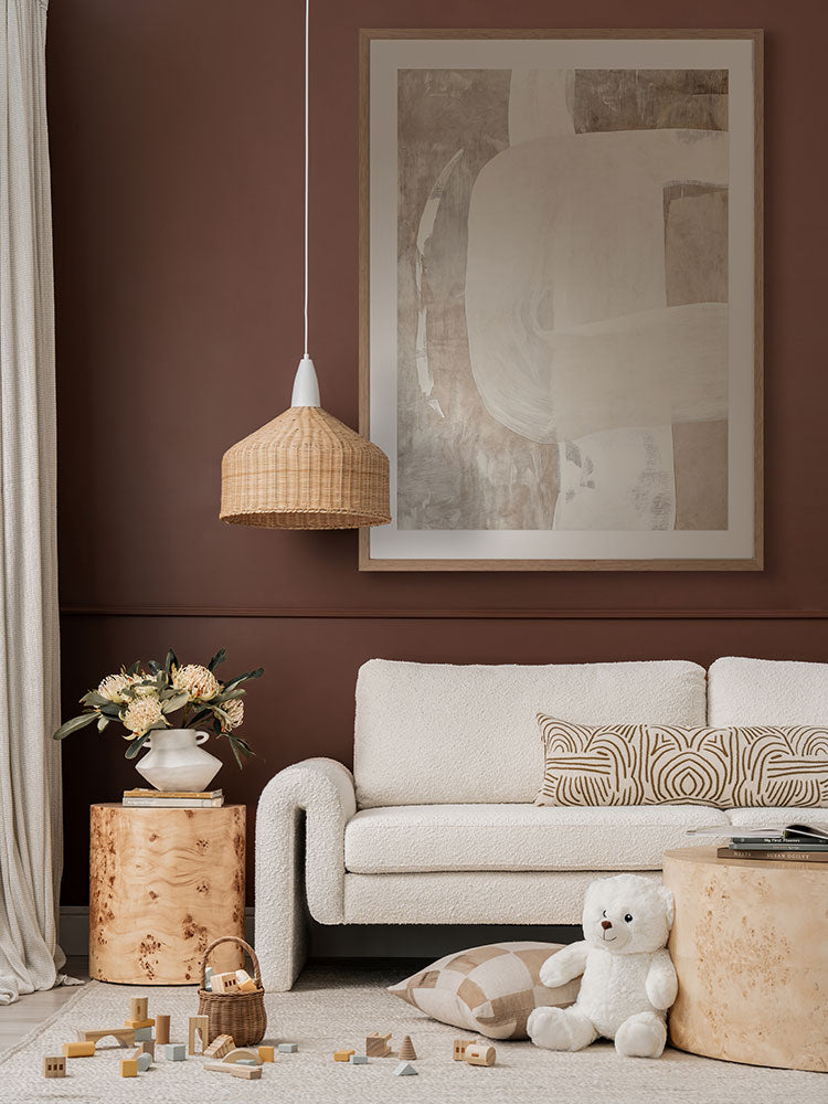 Nostalgic Mood II abstract wall art styled with a dusty rose armchair, neutral pendant light, and wood side table.