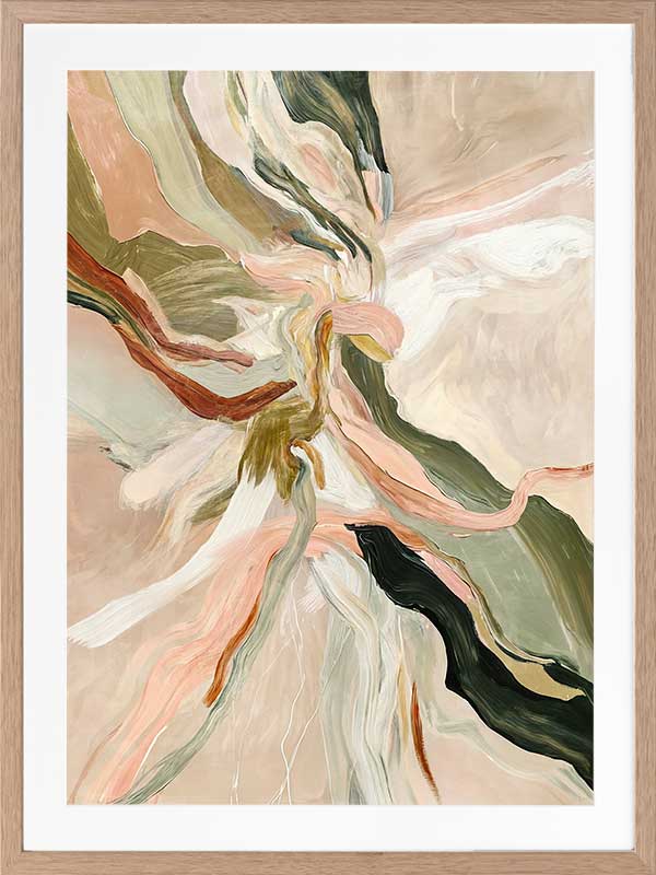 Fluid abstract wall art in soft earthy tones with harmonious forms and lines that flow from the centre to the edges.