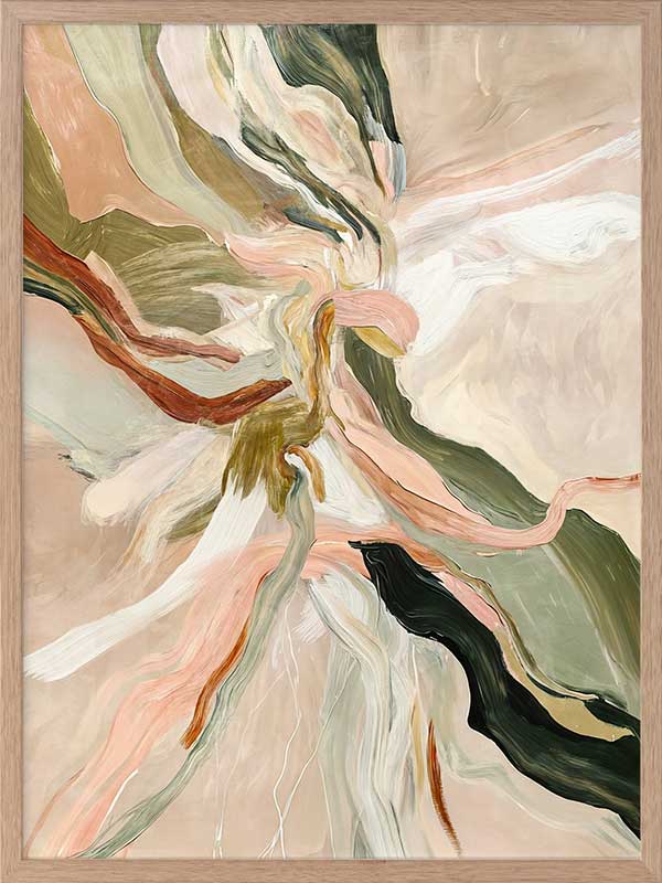 Fluid abstract wall art in soft earthy tones with harmonious forms and lines that flow from the centre to the edges.