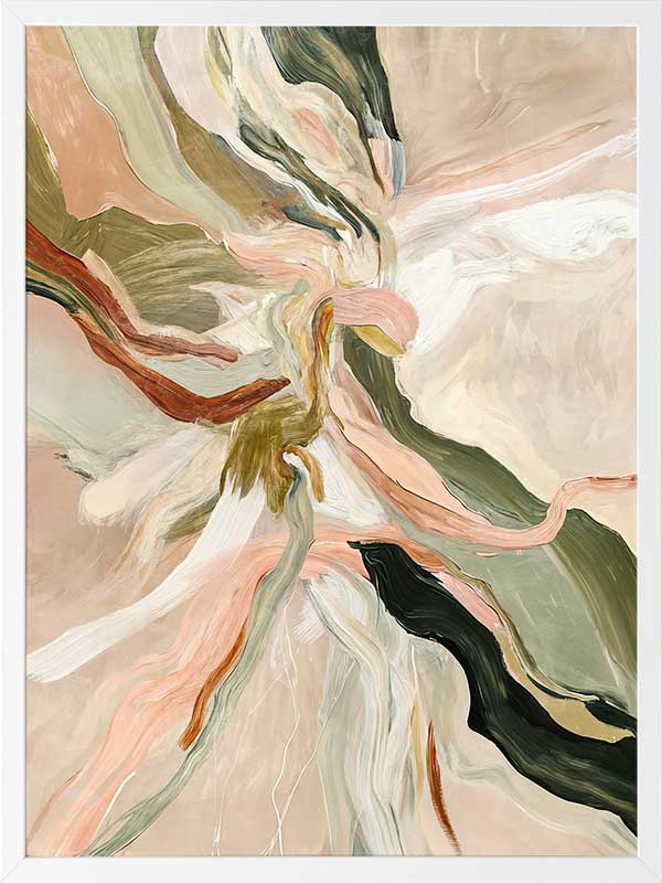 Fluid abstract wall art in soft earthy tones with harmonious forms and lines that flow from the centre to the edges.