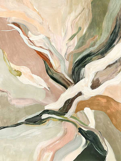 Fluid abstract wall art in soft earthy tones with harmonious forms and lines that flow from the centre to the edges.