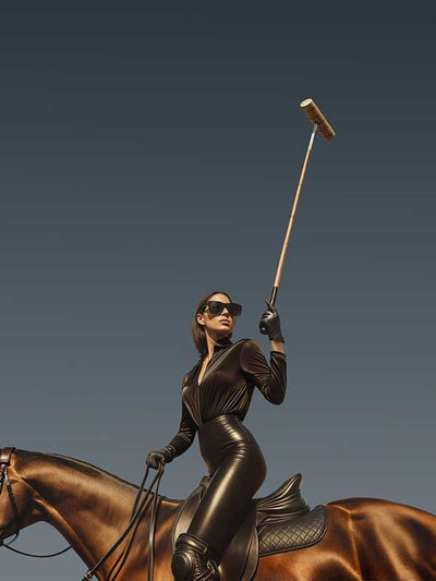 Photographic wall art of a glamorous woman polo player on horseback capturing equestrian style in sophisticated tones.