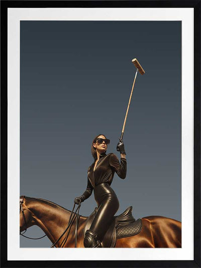 Photographic wall art of a glamorous woman polo player on horseback capturing equestrian style in sophisticated tones.
