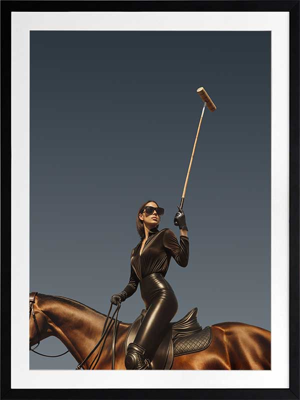 Photographic wall art of a glamorous woman polo player on horseback capturing equestrian style in sophisticated tones.