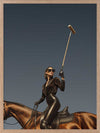 Photographic wall art of a glamorous woman polo player on horseback capturing equestrian style in sophisticated tones.