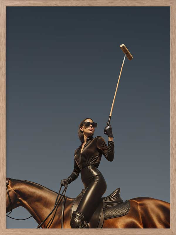 Photographic wall art of a glamorous woman polo player on horseback capturing equestrian style in sophisticated tones.