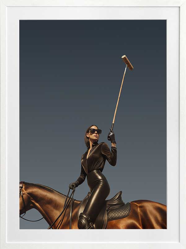 Photographic wall art of a glamorous woman polo player on horseback capturing equestrian style in sophisticated tones.