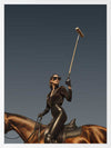 Photographic wall art of a glamorous woman polo player on horseback capturing equestrian style in sophisticated tones.