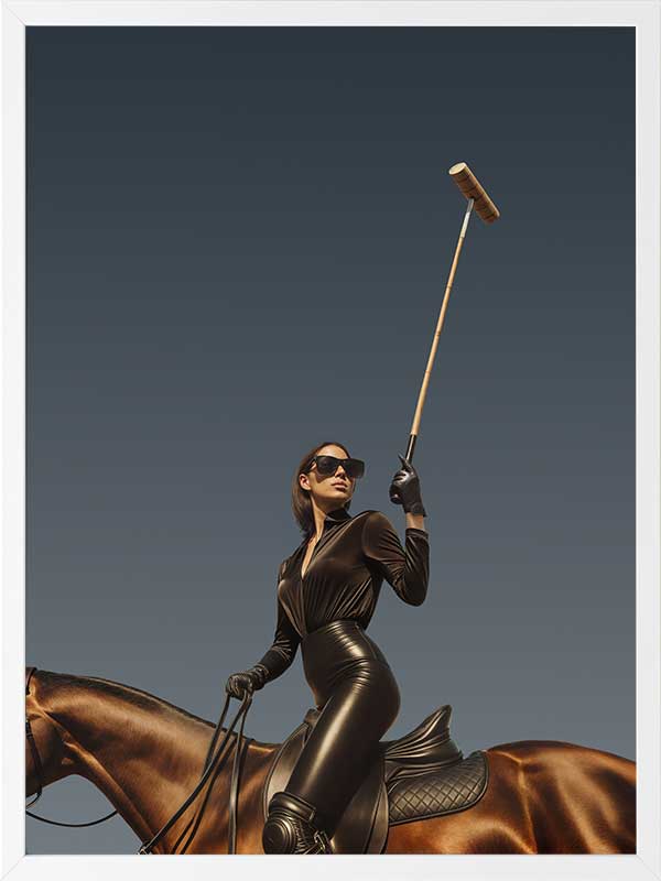 Photographic wall art of a glamorous woman polo player on horseback capturing equestrian style in sophisticated tones.