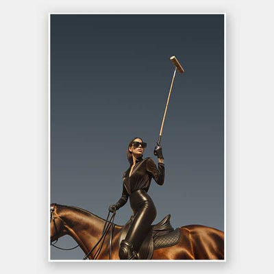 Photographic wall art of a glamorous woman polo player on horseback capturing equestrian style in sophisticated tones.