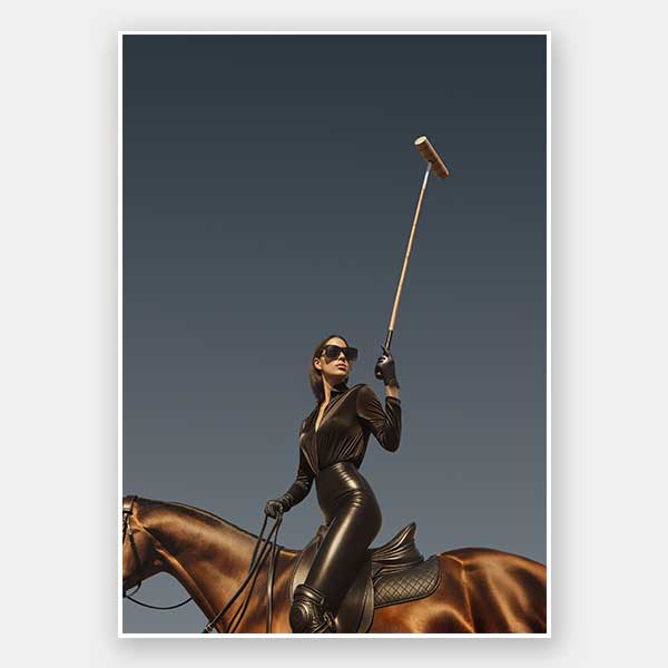 Photographic wall art of a glamorous woman polo player on horseback capturing equestrian style in sophisticated tones.