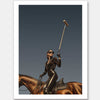 Photographic wall art of a glamorous woman polo player on horseback capturing equestrian style in sophisticated tones.