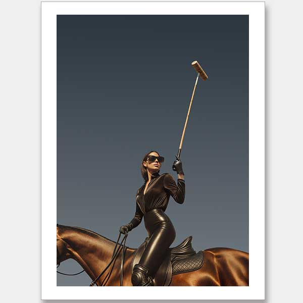 Photographic wall art of a glamorous woman polo player on horseback capturing equestrian style in sophisticated tones.