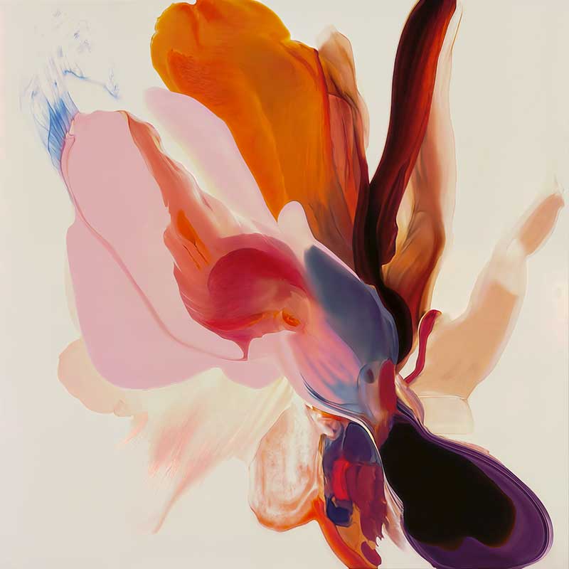 Vibrant abstract floral wall art featuring playful, fluid forms in warm tones, perfect for contemporary spaces.