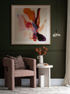 Fleeting Florals I flower art print in a soft neutral space with a cream sofa, pendant light, and warm neutral accents.