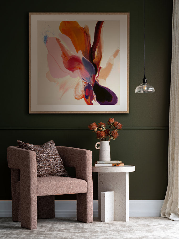 Fleeting Florals I flower art print in a soft neutral space with a cream sofa, pendant light, and warm neutral accents.