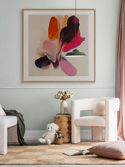 Fleeting Florals II flower artwork styled on a rich wine-toned wall above a rose armchair, with a rug and ceramic side table.