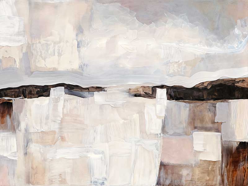 Abstract landscape art featuring muted beige, grey, and brown tones capturing rural beauty and rustic sophistication.