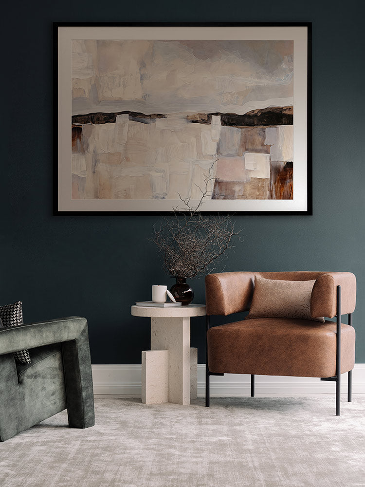 Farmland Dusk abstract landscape art print styled with dark brown accents, neutral decor, grey rug and kids toys.