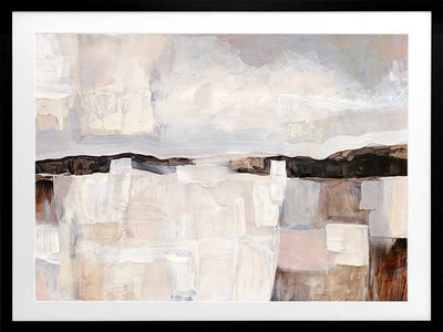 Abstract landscape art featuring muted beige, grey, and brown tones capturing rural beauty and rustic sophistication.