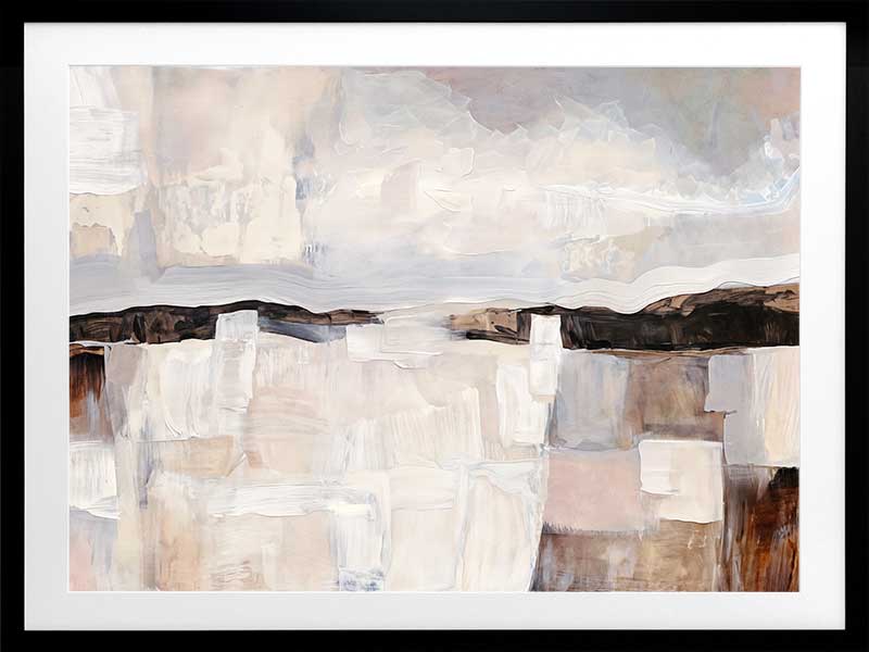 Abstract landscape art featuring muted beige, grey, and brown tones capturing rural beauty and rustic sophistication.