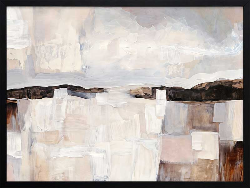 Abstract landscape art featuring muted beige, grey, and brown tones capturing rural beauty and rustic sophistication.
