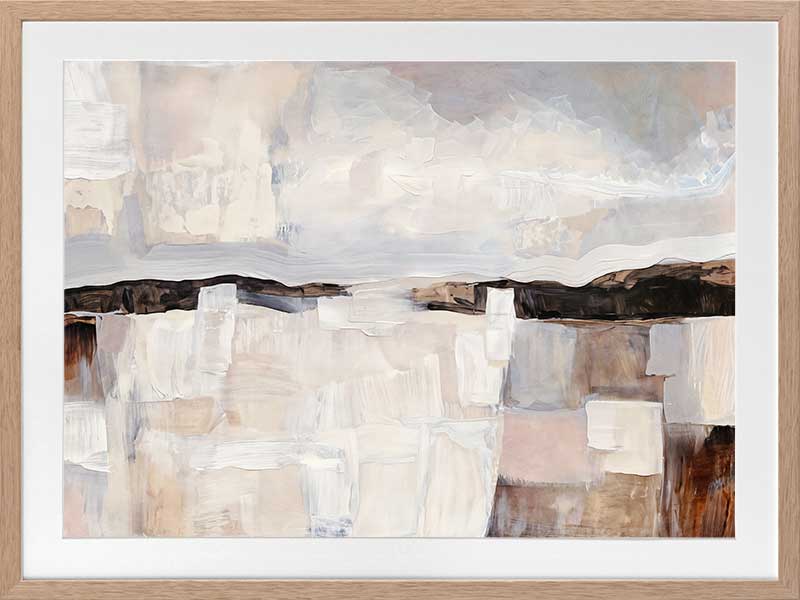 Abstract landscape art featuring muted beige, grey, and brown tones capturing rural beauty and rustic sophistication.