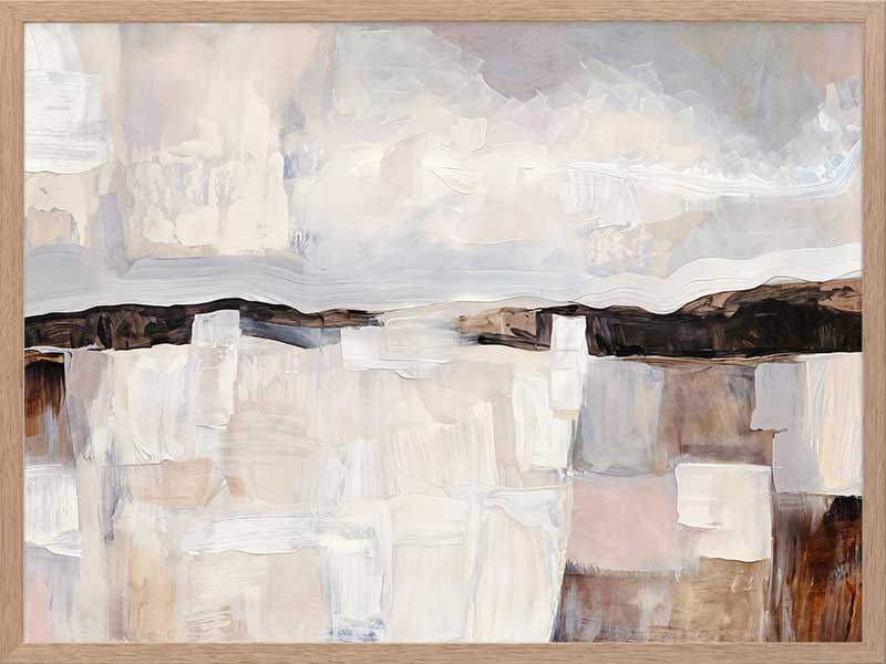 Abstract landscape art featuring muted beige, grey, and brown tones capturing rural beauty and rustic sophistication.